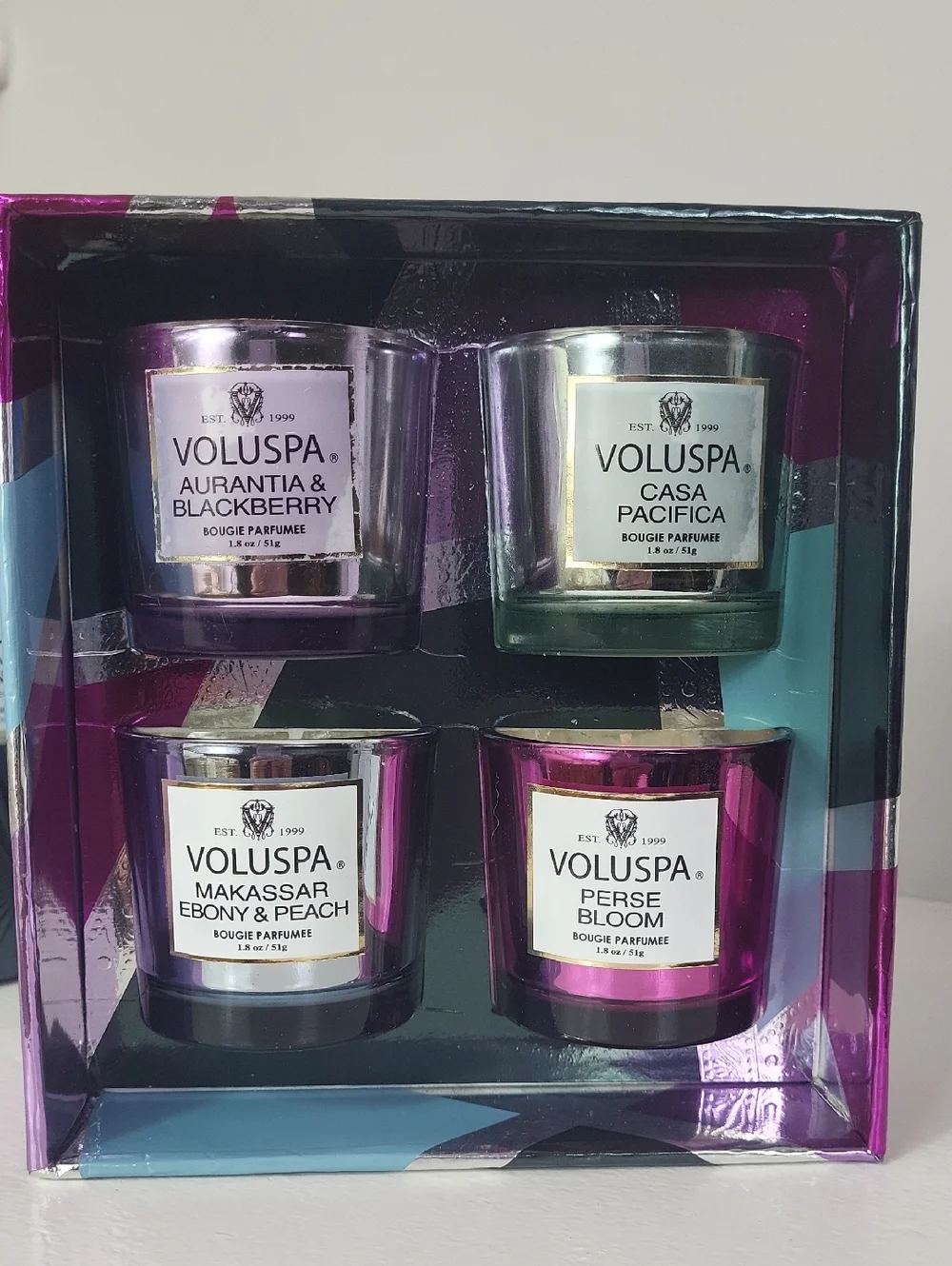 Voluspa Vermeil Four Candle Set - Black, Pink, Blue, Silver